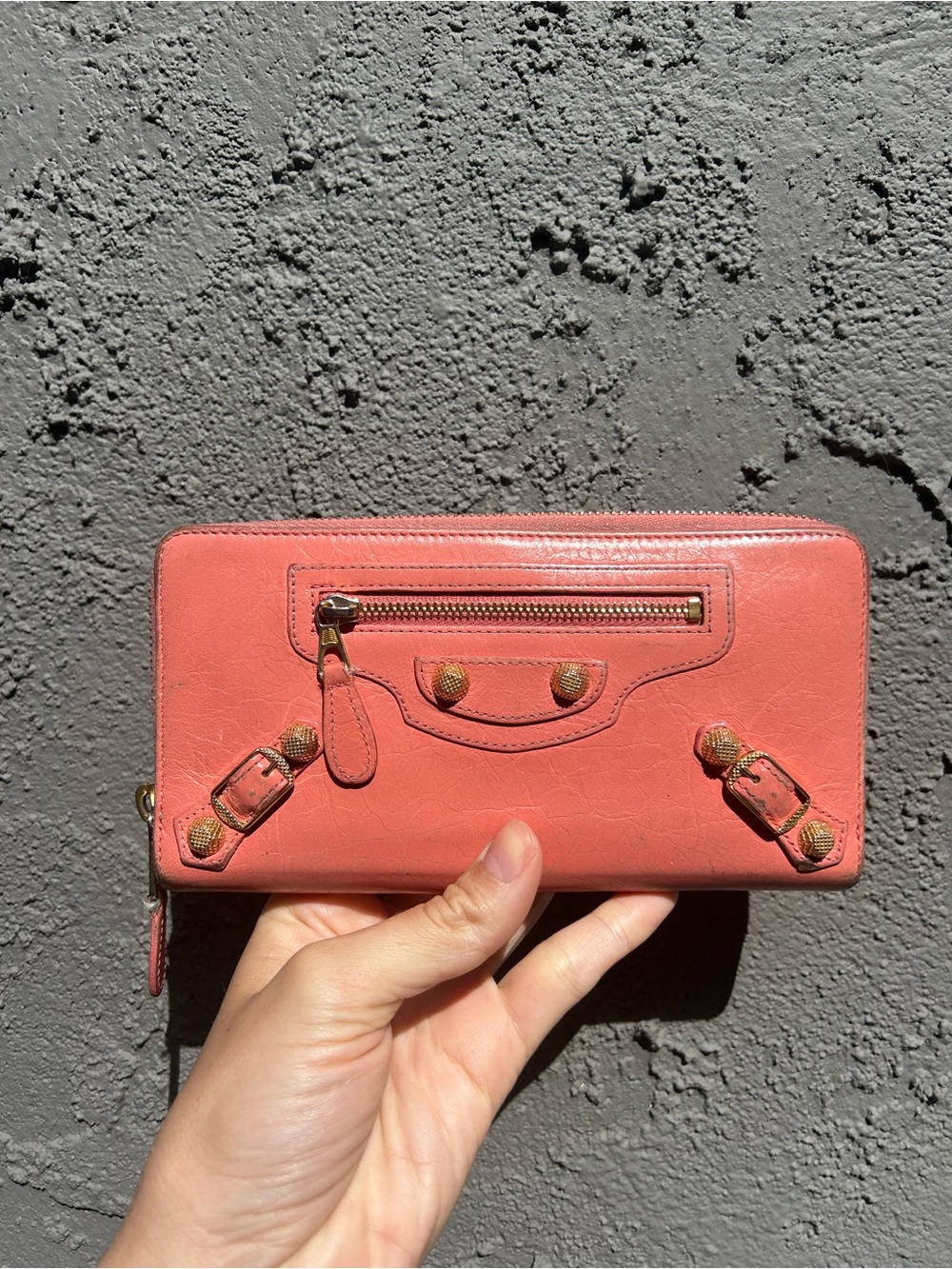 Balenciaga Coral Zip-Around Leather Wallet with Stud Details